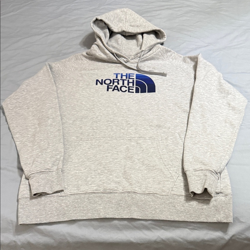 The North Face Men's Light Gray Hoodie with Blue Logo: EXCELLENT CONDITION